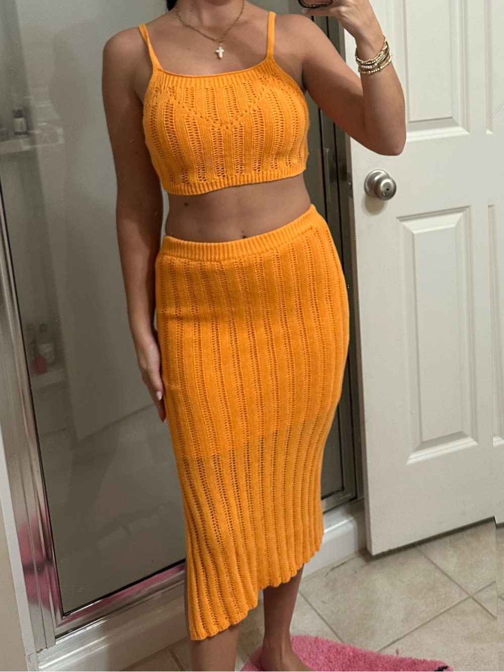 Orange Knit Midi Skirt Two-Piece Set